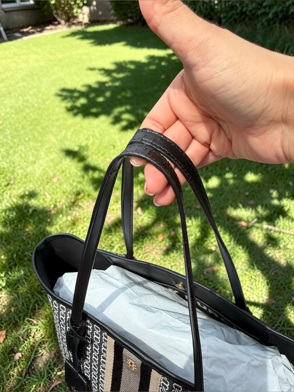 Tory Burch Black and White Logo Stripe Canvas Tote with Center Webbing - Picture 11 of 16